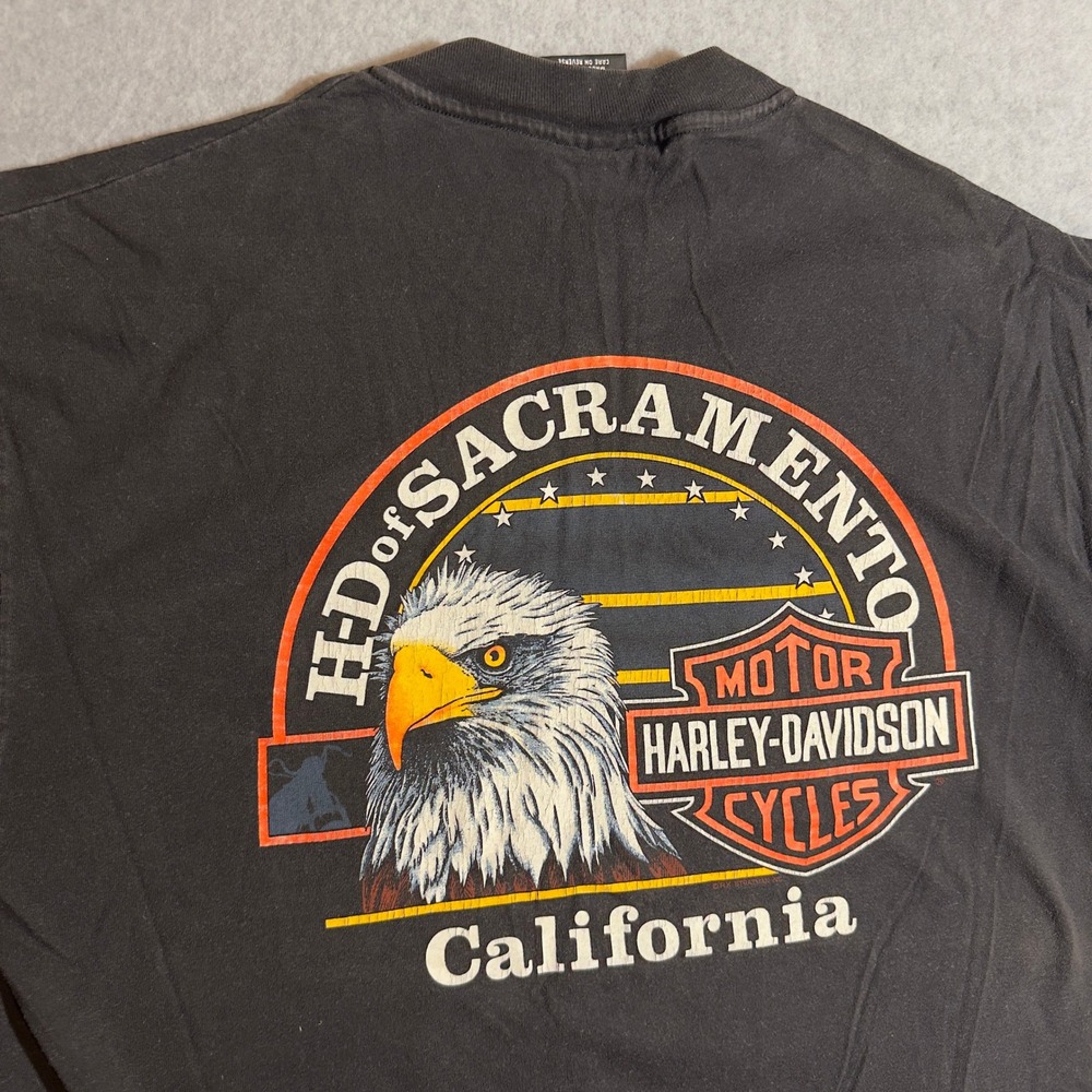 Vintage 1996 Harley Davidson Eagle Pocket T-Shirt Mens XL Black USA Flames Faded